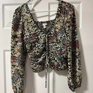 H&M Womens Floral Blouse Crop Top Long Sleeve V Neck Ruched Multicolor Size XS